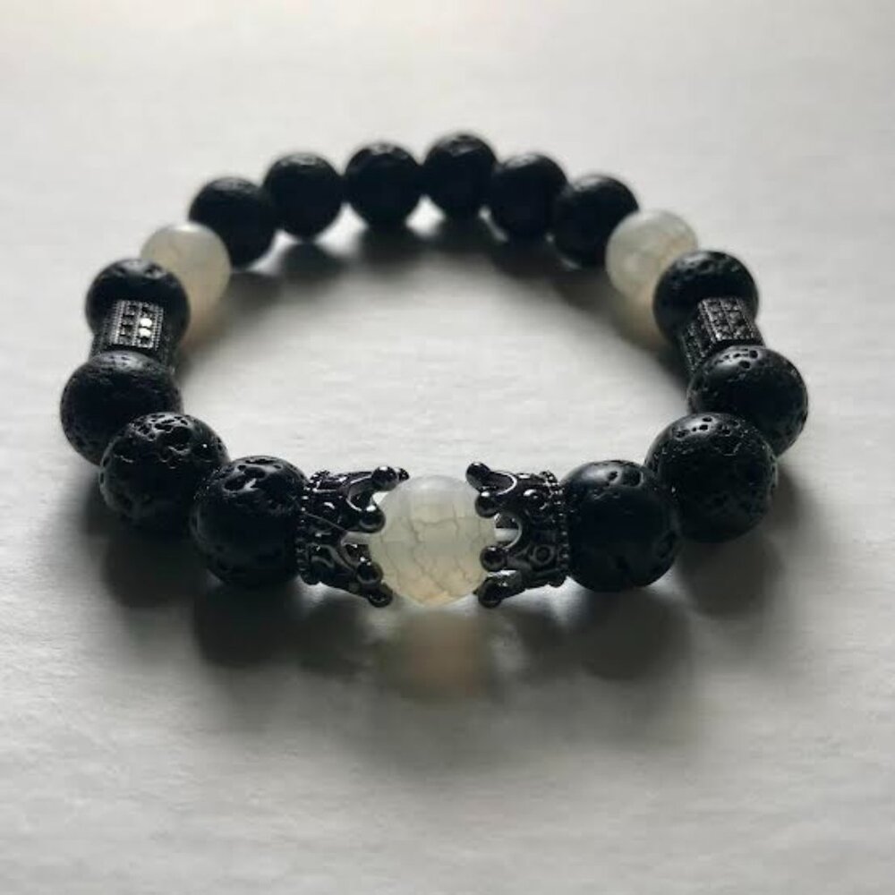 Statement Princess Lava Stone and Frosted White Agate Stretch Bracelet